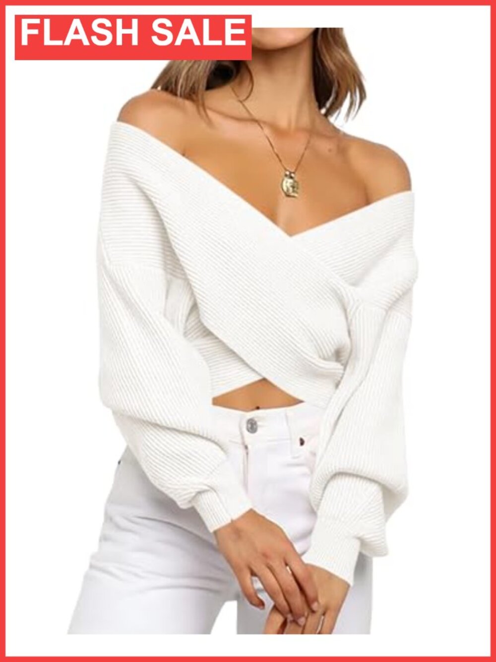 Off The Shoulder Cropped Ribbed Knit Sweater with Lantern Sleeves